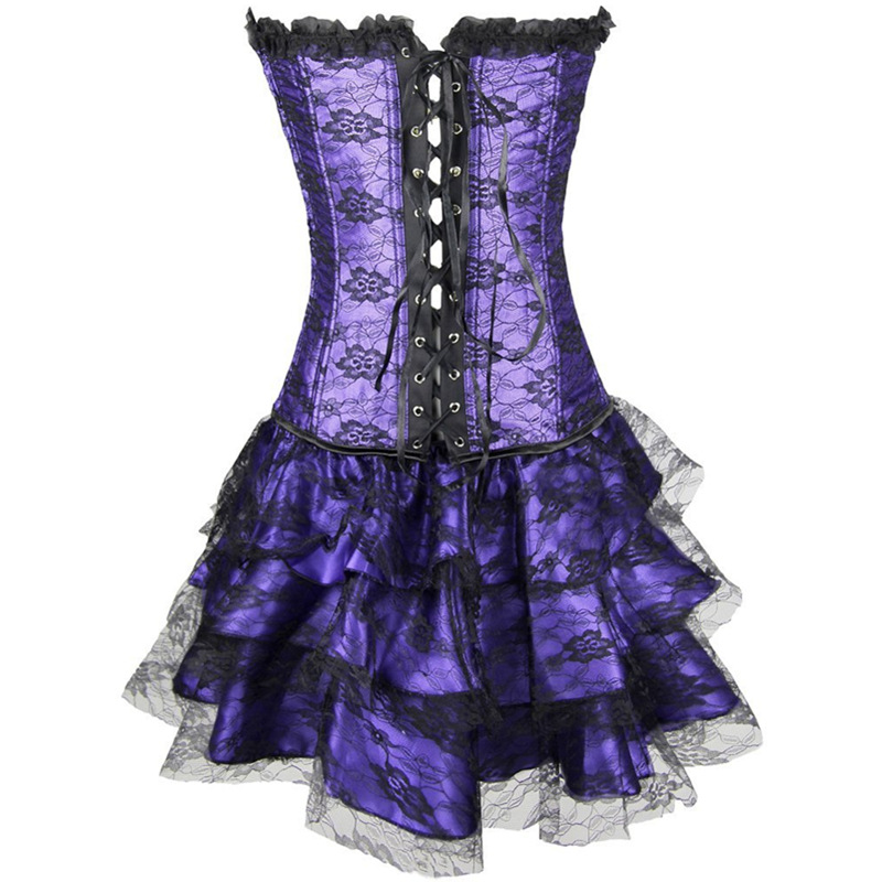 F3243-3 Purple Women Layered Lace Up Bone Corsets Floral Corset